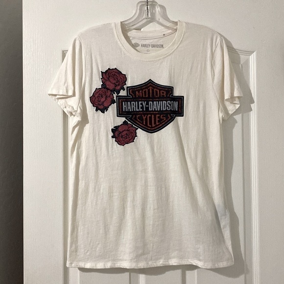 LARGE White Harley Davidson T-Shirt With Rose Patches - Picture 2 of 6
